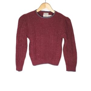 Vintage Burgundy Sweater Cable Knit with Puffy Sleeves Thin Gray Trim